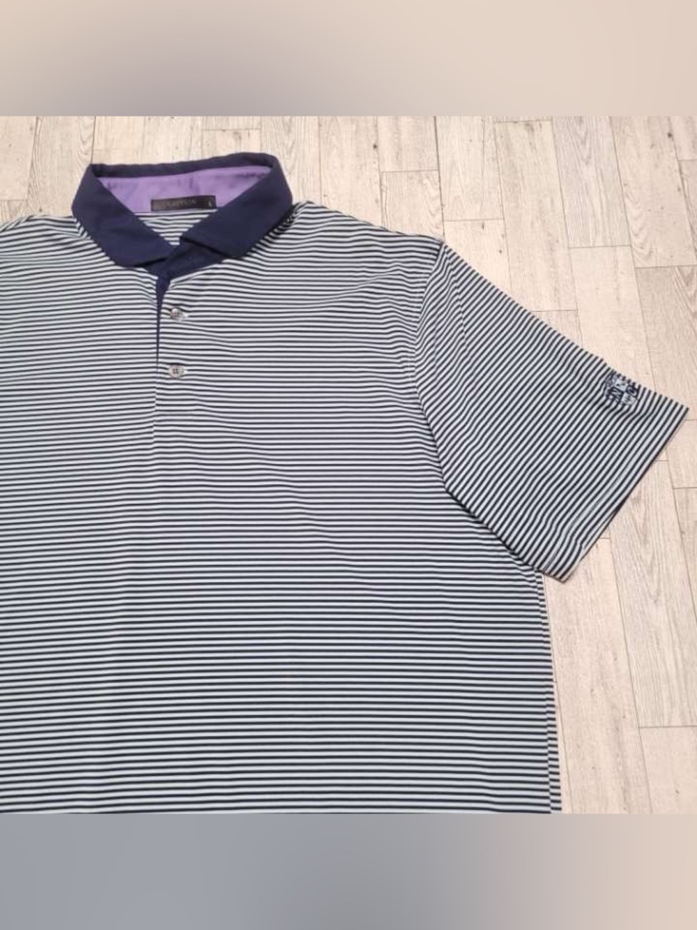 Men's Greyson Performance Blue Navy Striped Athletic Golf Polo Shirt Size L